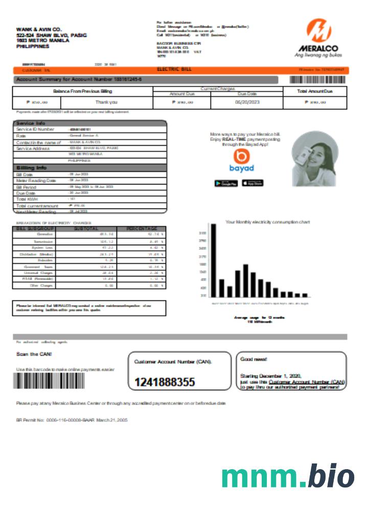 Meralco Philippines electricity rachunek za usługi komunalne,1